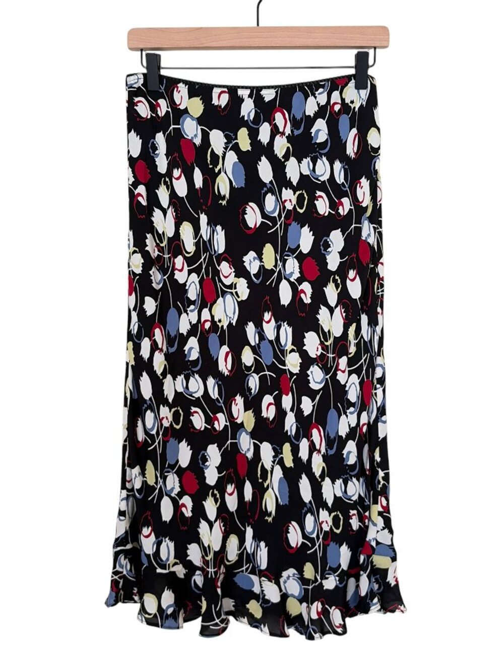 Vintage Doncaster Black Floral Printed Ruffle Hem 100% Silk Midi Skirt